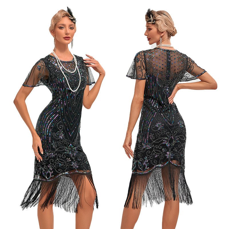 Womens Retro Party Sequin Tassel Dress - Image 8