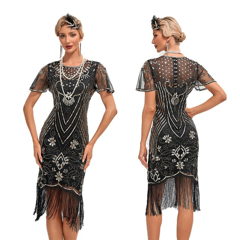 Womens Retro Party Sequin Tassel Dress - Image 2
